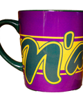 Purple mug with green handle and yellow text on a white background