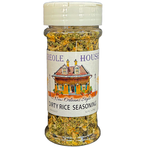 A bottle of Creole House New Orleans style Dirty Rice Seasoning with a white cap and a white label featuring an illustration of a New Orleans 